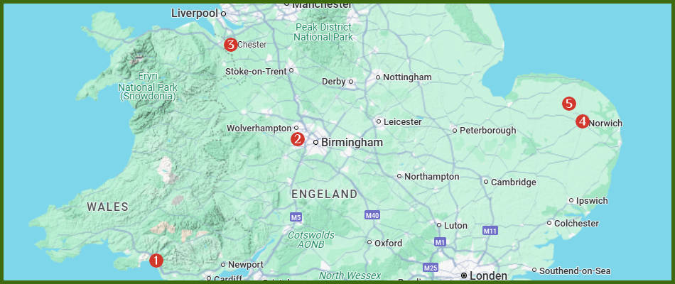 kaart met plaatsen waar Welsh en Engelse acteurs uit de Midlands opgroeiden